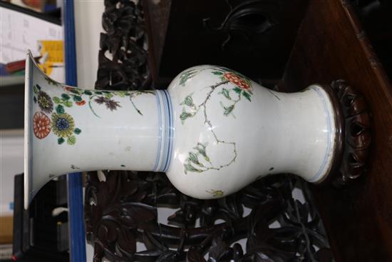 A Chinese famille verte yen-yen vase, Kangxi period, on hardwood stand height 44cm, some damage